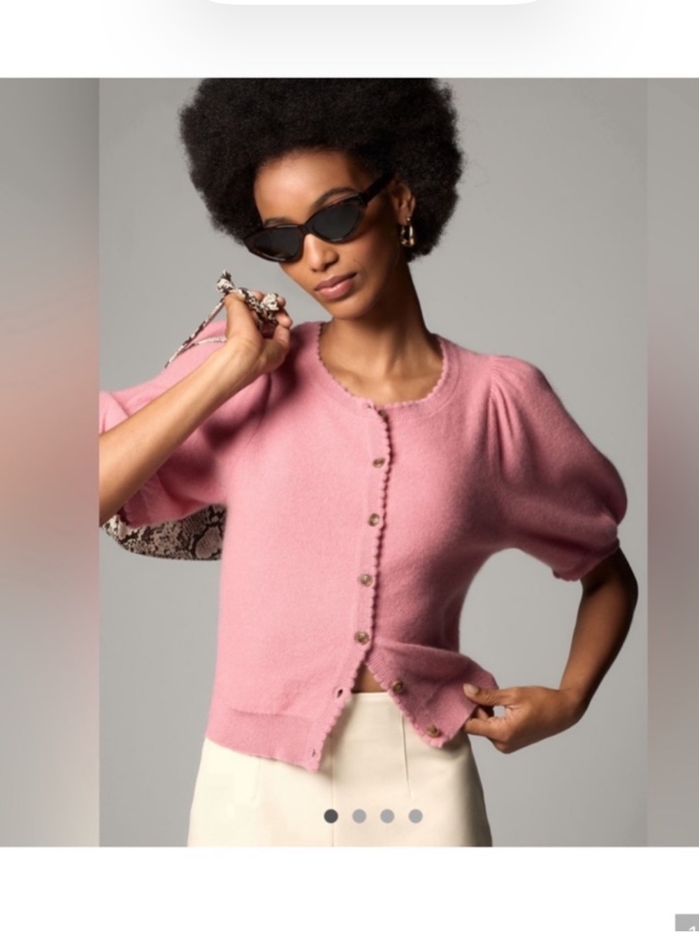 Maeve Pink Button-Front Puff Sleeve Cashmere Cardigan - Picture 4 of 6